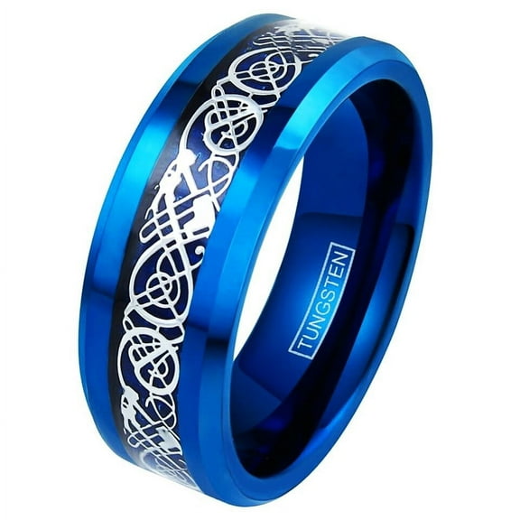 Tungsten Rings for Men Wedding Bands for Him 8mm Blue Celtic Dragon Carbon Fiber
