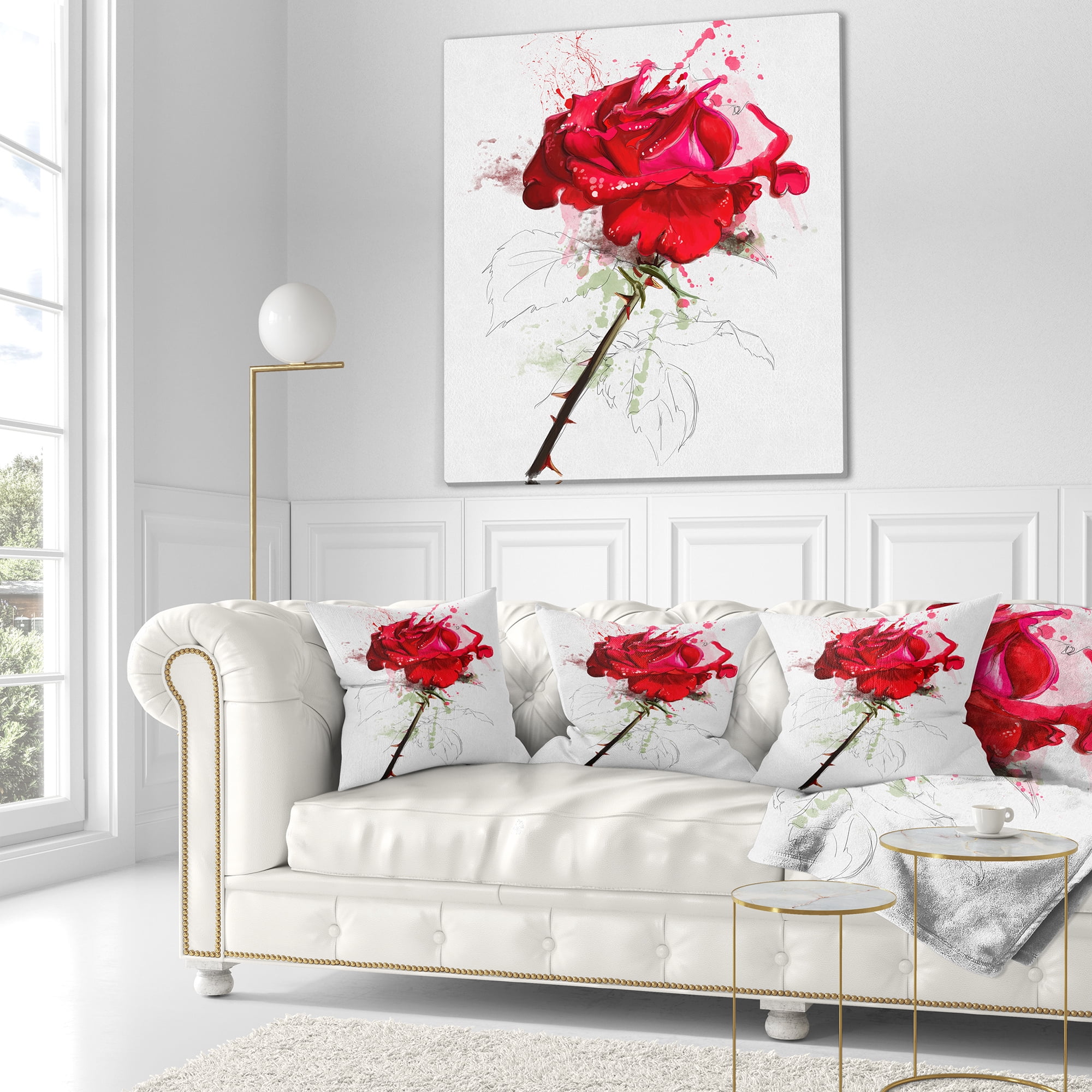 Designart Rose Sketch with Stem on White - Flower Throw Pillow - 16x16