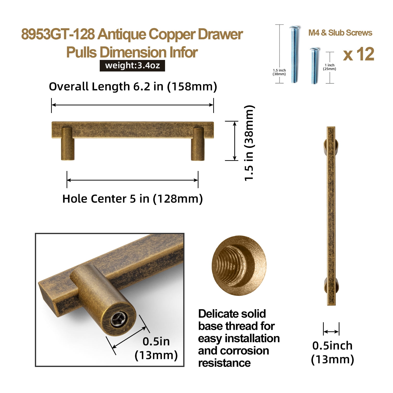 Goo-Ki Antique Brass Cabinet Handles of 5''(128mm) Hole Center, Cabinet Pulls for Drawer,Dresser,Cupboard Wardrobe, 6 Pack
