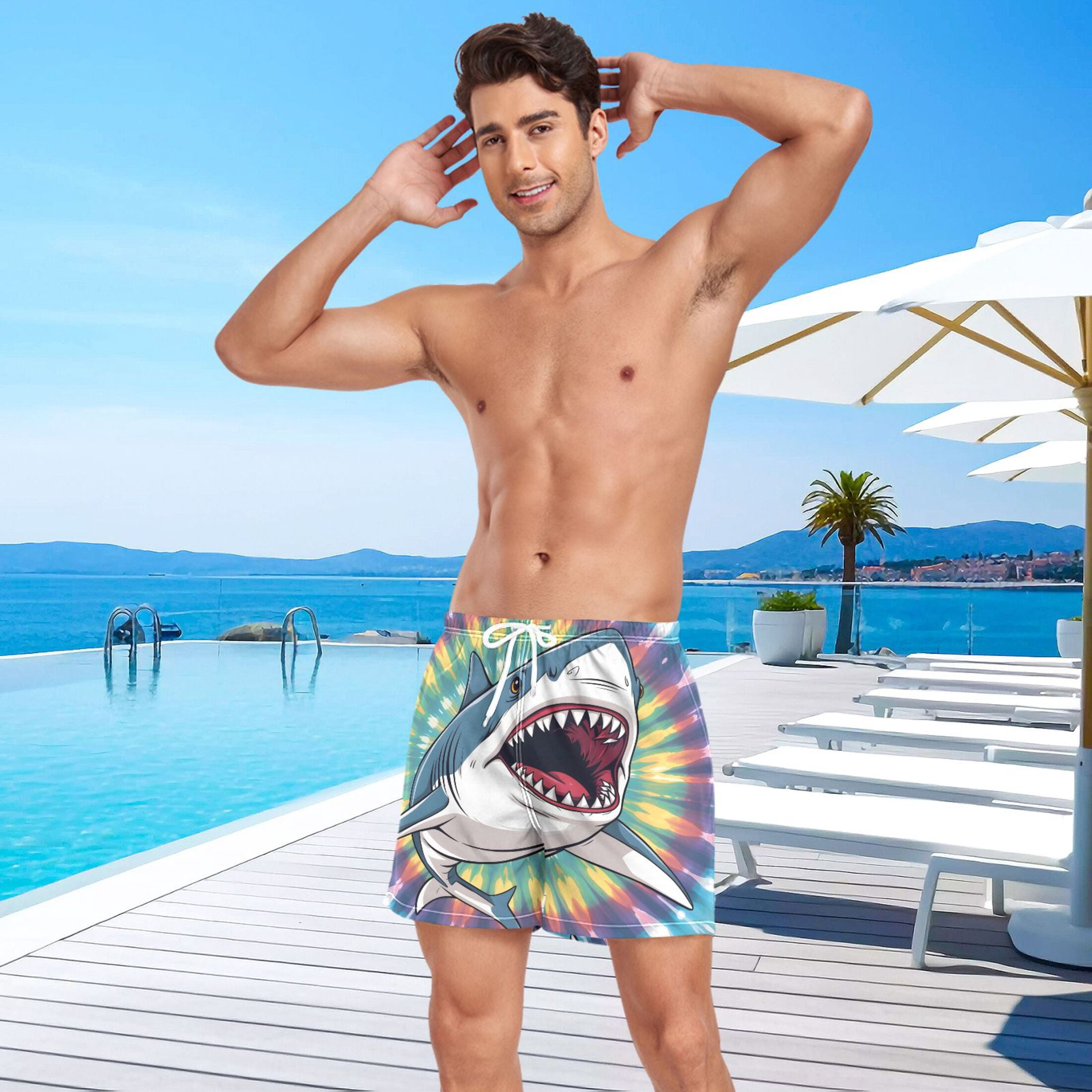 joogoo Men's Shark Tie Dye Swim Trunks with Liner Pocket Beach Shorts Large