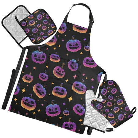 Ryvnso Glitter Pumpkins Kitchen Apron Oven Mitts Set Pot Holders