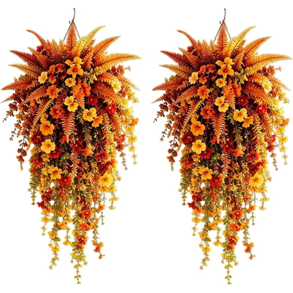 2pcs Artificial Fall Harvest Hanging Basket, Autumn Floral Door Decor, Fall Flowers Wreath for Porch, Fireplace & Home