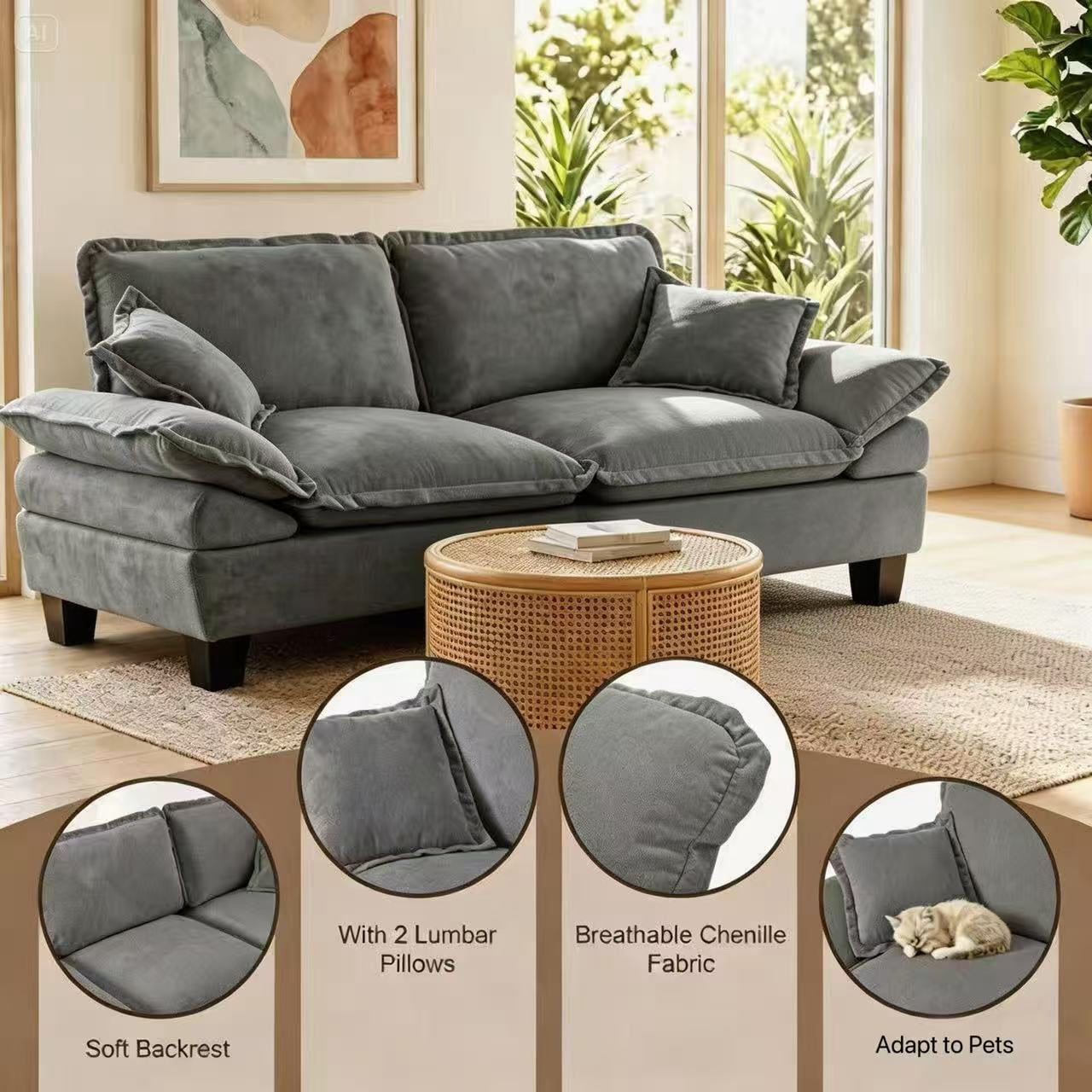 AISWORD 2 Seater Loveseat Sofa, Comfy Small Couch, Modular Sectional Love Seat with Pillows for Bedroom, Apartment, Office, Small Spaces, Grey