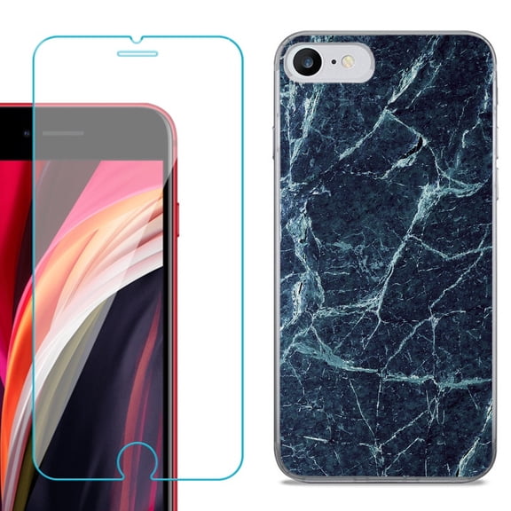 Slim-Fit Fashion Gel Phone Case for iPhone SE 2022, with Tempered Glass Screen Protector, by OneToughShield ® - Marble / Blue