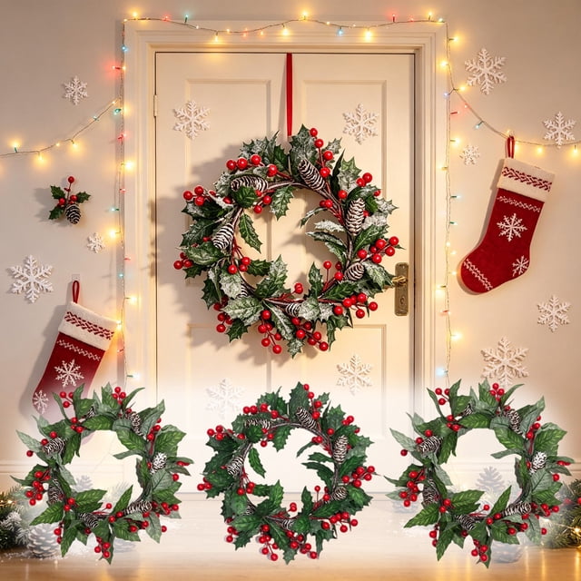MTBLYS Corona navideña artificial con bayas rojas|piñas y follaje verde|Anillo decorativo para puerta de entrada o ventana|Guirnalda de plástico de 34 cm (13|4 pulgadas)