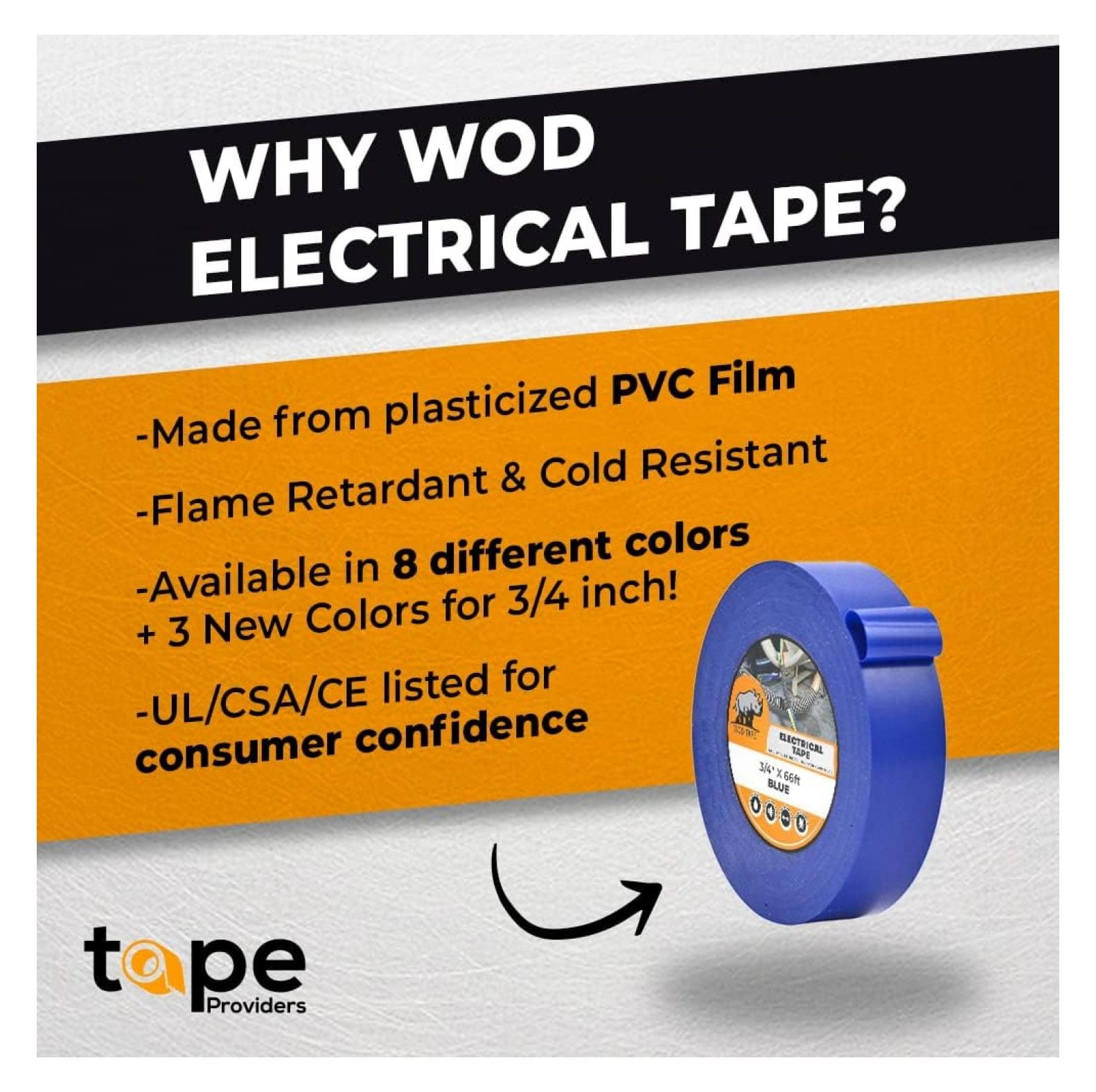 WOD ETC766 Professional Grade General Purpose Blue Electrical Tape UL/CSA Listed . Vinyl Rubber Adhesive Electrical Tape: 1.5 inch X 66 ft - Use at No More Than 600V & 176F (Pack of 10)