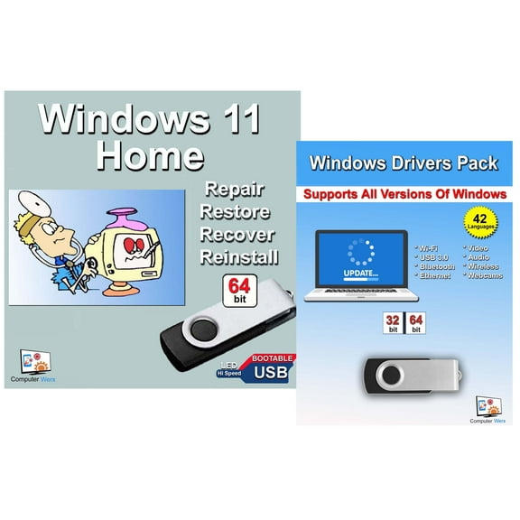Computer Werx Windows 11 Home 64 Bit USB with Key Install Repair Recover Restore & Drivers Pack, 2 Pack