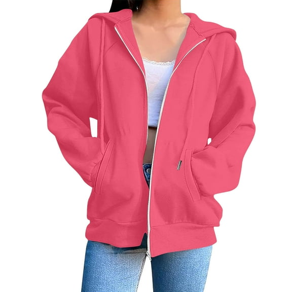 Womens Zip Up Hoodies, Long Sleeve Pullover for Women Plus Size Casual Solid Color Full Zip Drawstring Hooded Sweatshirts with Pockets Fall Clothes
