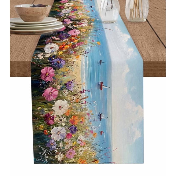 Wildflowers Table Runner 60 Inches, Oil Painted Floral Blue Coastal Sea Bed Runner Dresser Scarves Tabletop for Indoor Outdoor Parties/Ceremony/Banquet, 13" x 60"