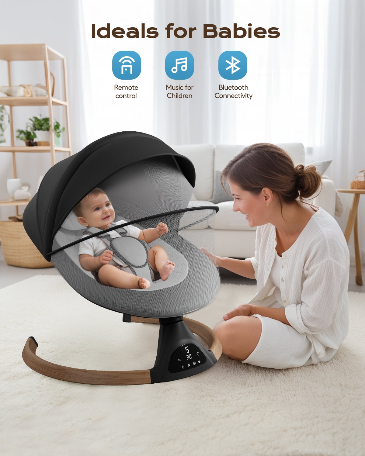 Babyomi Baby Swing for Infant, Electric Bluetooth Swing Rocker with 5 Sway Speeds& 10 nursery rhyme , Black