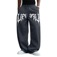 thumbnail image 2 of Men's Gothic Letter Graphic Wide Leg Sweatpants Elastic Waist Drawstring Loose Fit Hip Hop Street Casual Baggy Trousers for Everyday Outfit Dark Gray L, 2 of 5