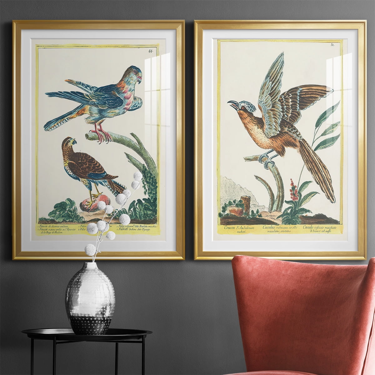 Wexford Home Pastel Birds V Premium Framed Print, 22.5" x 30.5" - Ready to Hang, Gold (Set of 2)