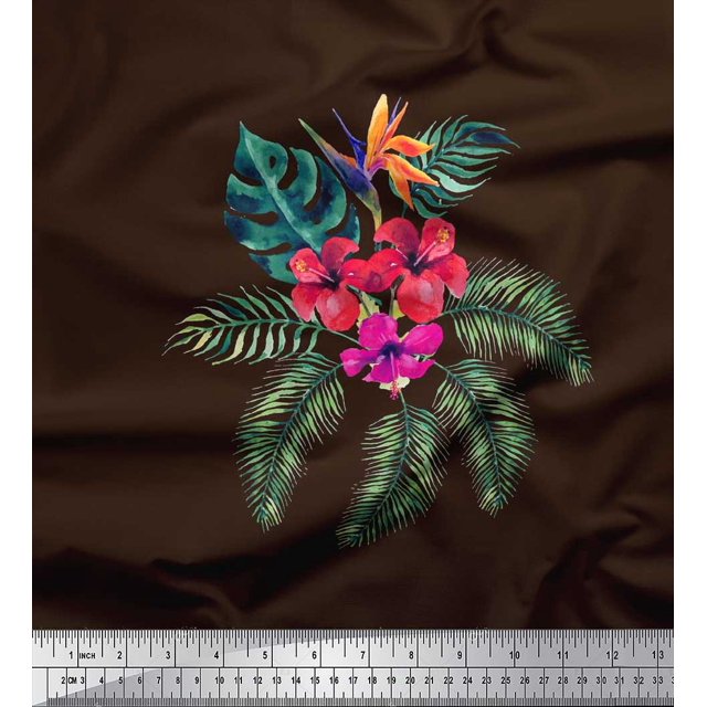 Soimoi polyester Crepe Fabric Floral & Leaves Tropical Printed Craft Fabric by the Yard 52 Inch Wide