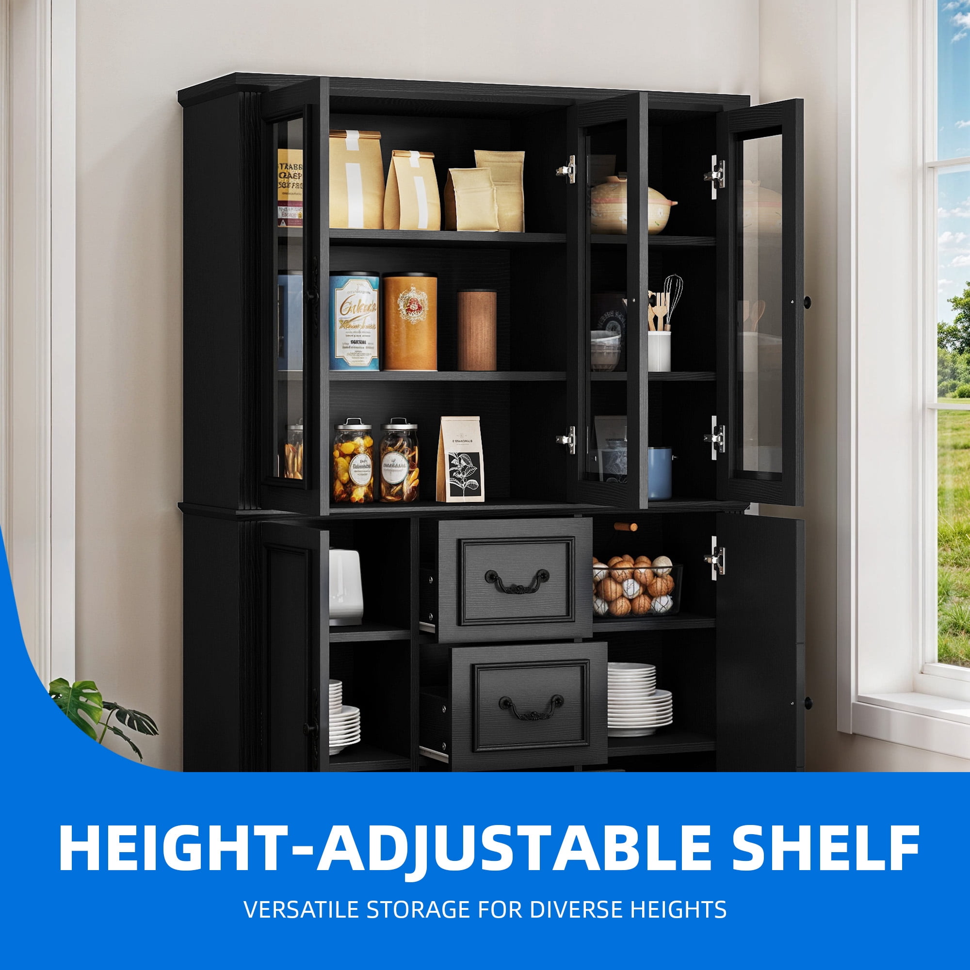 Dextrus 70" Tall Pantry Cabinet with Glass Doors, Modern Farmhouse Kitchen Pantry Storage Cabinet with Drawer, Black