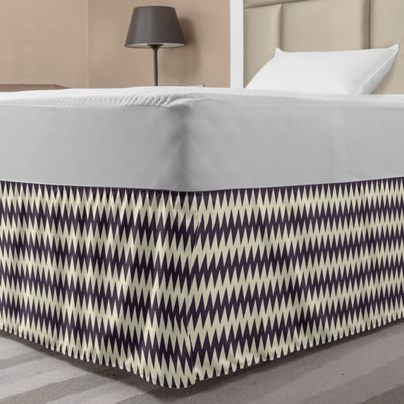 Chevron Bed Skirt, Horizontal Narrow Sharp Edged Zig Zags Classical Simplistic with Retro Effects, Elastic Bedskirt Dust Ruffle Wrap Around for Bedding Decor, 4 Sizes, Dark Blue Cream, by Ambesonne