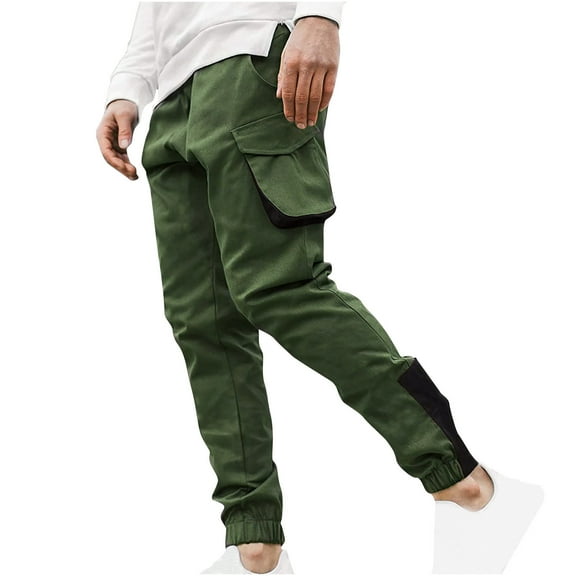 IROINNID Cargo Pants for Men Stretch Loose Fitting Color Matching Drawstring Pants Outdoor Sports Sweatpants with Pockets,Olive Green