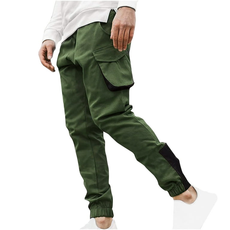 Ayolanni Men Skinny Cotton Pants Parachute Elastic Waist Twill Trousers  Slim Fit Streetwear Pant with Pockets