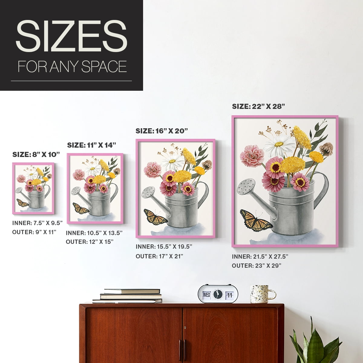 Watering Can Bouquet I Framed Print in Pink Solid Wood 8 x 10 Framed Print