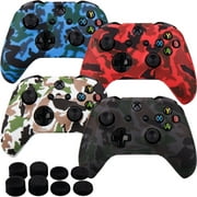 MXRC Silicone Rubber Cover Skin case Anti-Slip Water Transfer Customize Camouflage for Xbox One/S/X Controller x 4(Black & White & red & Blue) + FPS PRO Extra Height Thumb Grips x 8