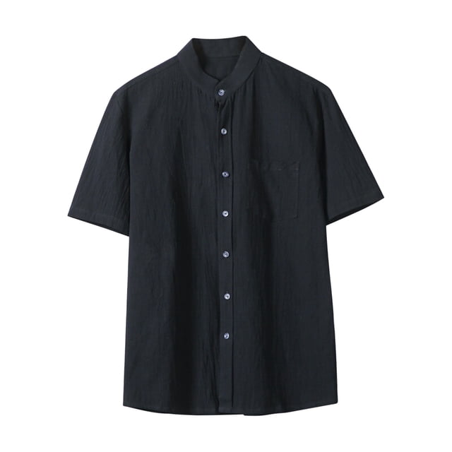 Camisa de Botón de Manga Corta de los Hombres, Holiday Casual Color Sólido, Camisa de Bolsillo de Cuello de Pie