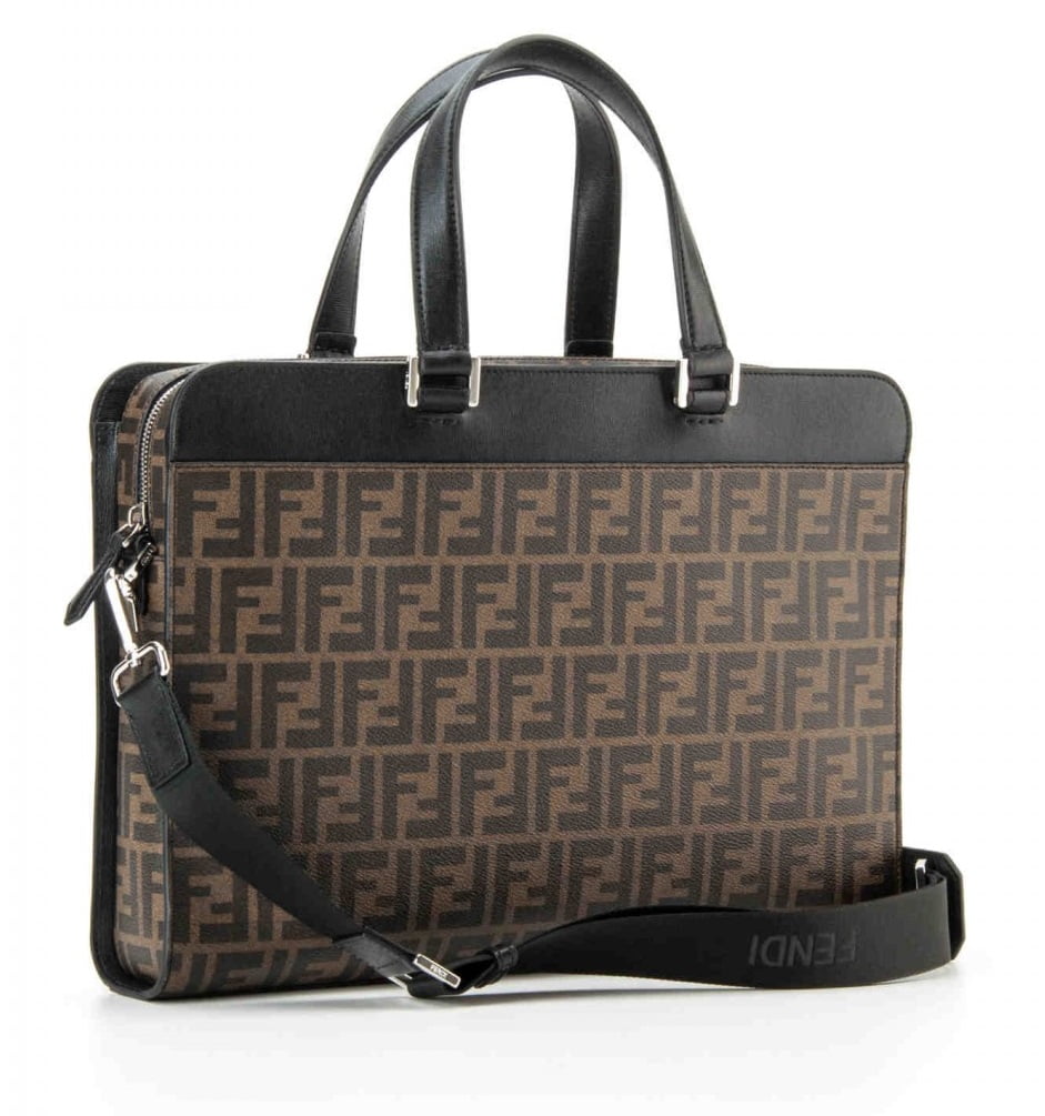 Fendi Zucca Slim Men's Leather Briefcase W/ Shoulder Strap Brown