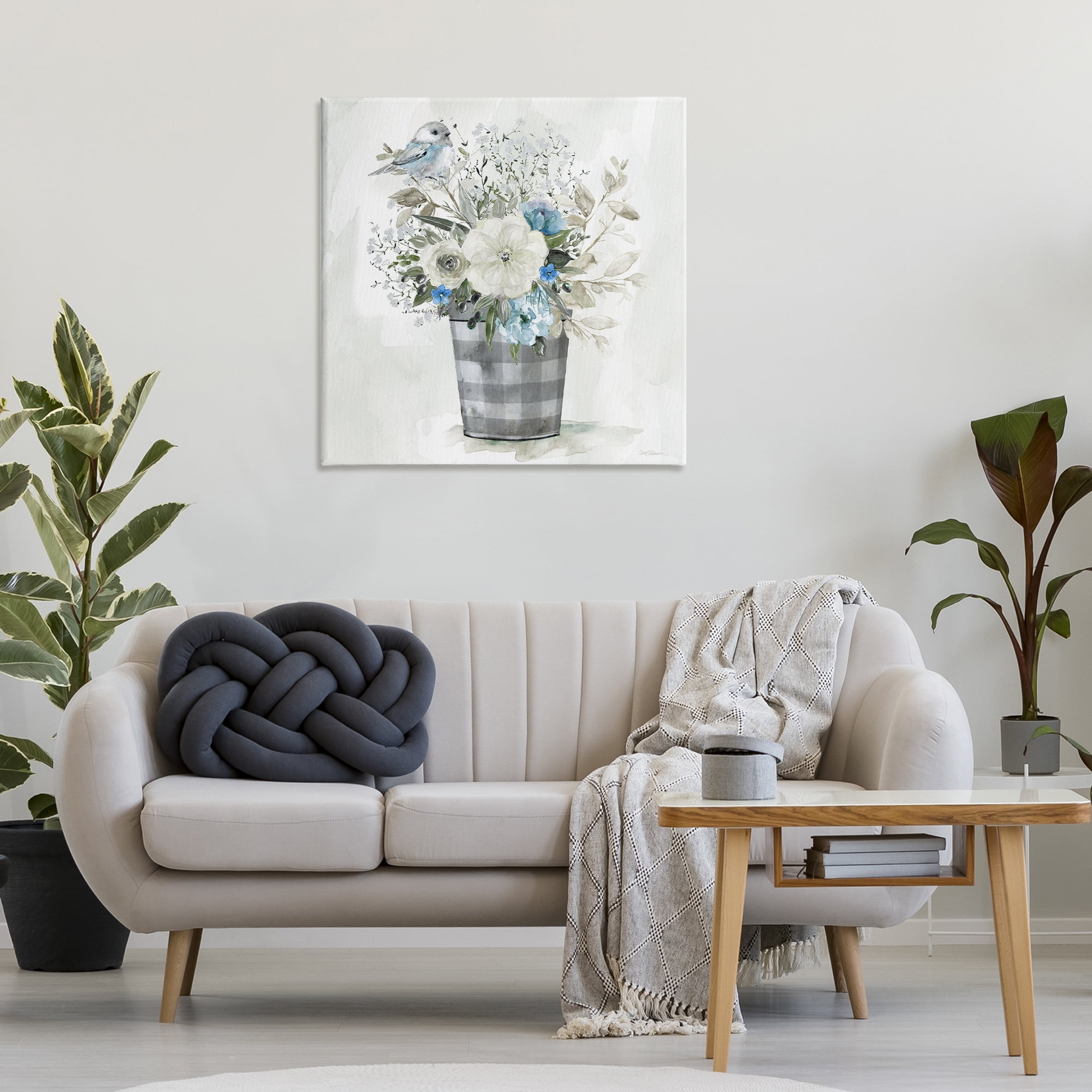 Stupell Industries Cottage Blooms Plaid Vase Plants & Flowers Painting Wrapped Canvas Art Print Wall Art, 30 x 30
