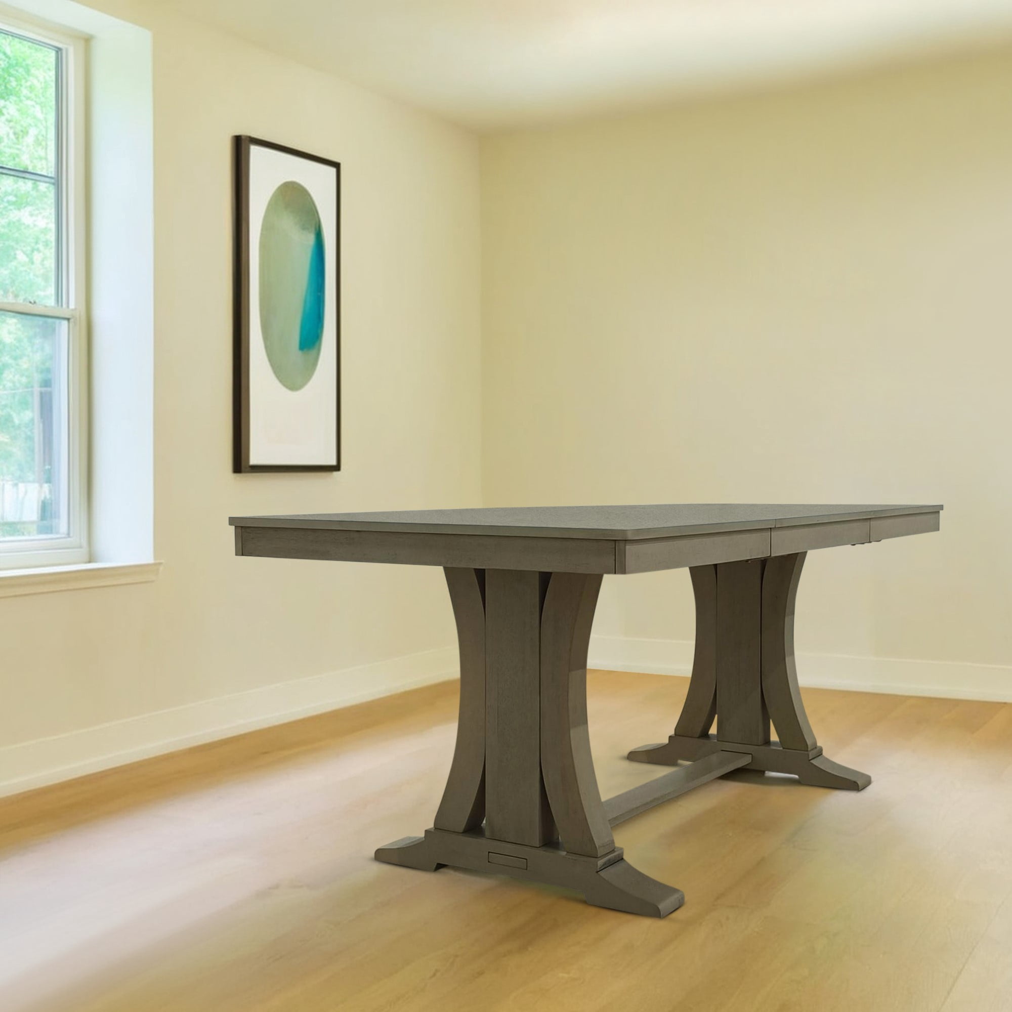 Home Design Rahma Rectangular Dining Table with Trestle Base, Three-Divided Top, Two-Tone Finish, Classic Design, Durable Construction, Antique Gray