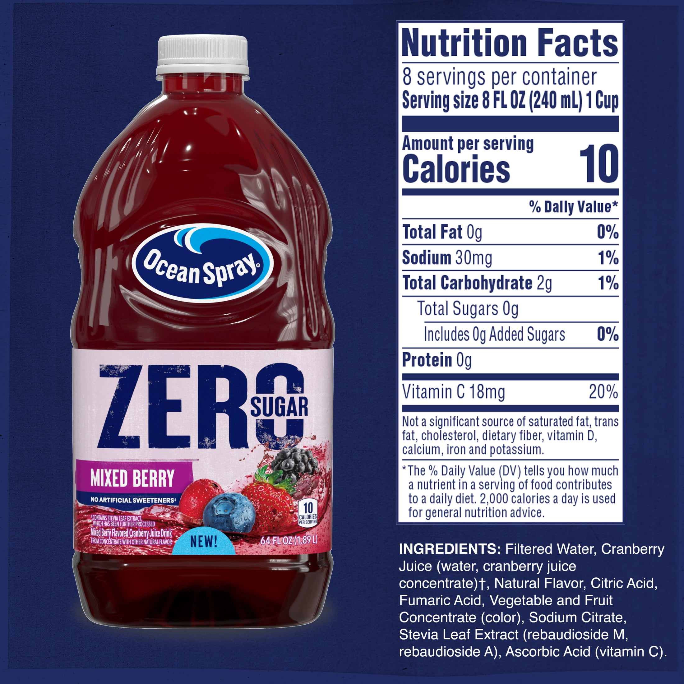 (8 pack) Ocean Spray® ZERO Sugar Mixed Berry Juice Drink, 64 fl oz Bottle
