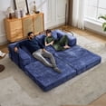 thumbnail image 2 of Convertible Floor Sofa Bed, Chenille Cloud Couch with Pillow Back & Armrest, Foldable Loveseat Sectional Sofa with Fixed-Shape Frame for Living Room, Dark Blue, 2 of 7