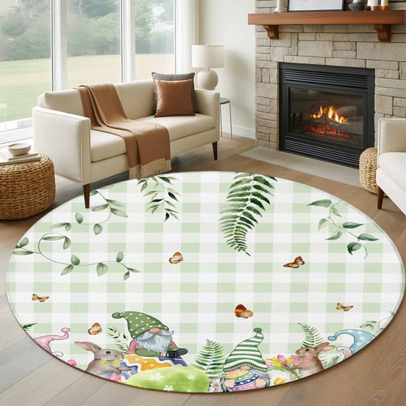 Round Area Rug 6 Ft, Green Easter Washable Non-Slip Circle Carpet for Living Room/Bedroom, Checkered Eggs Gnomes Bunny Elegant Pastoral Low-Profile Indoor Mats Collection Rugs for Residential