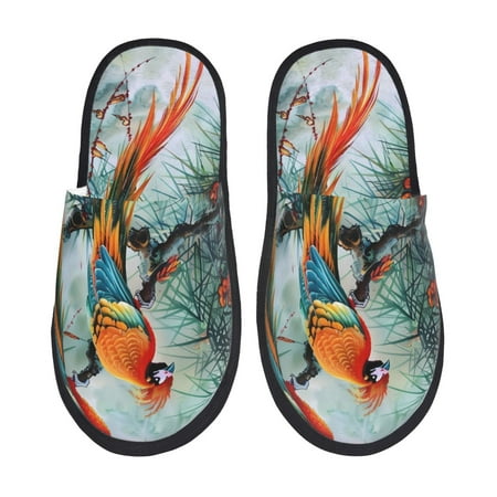 Balery Colorful Birds Pine Branch Slient Indoor Furry Fleece Comfort House Shoes Soft Non-Slip Home Shoes Cotton slippers House Slippers-- Large