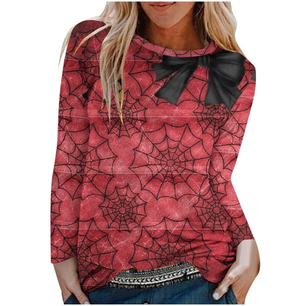 Camiseta de moda Sexy informal de Halloween para mujer, camiseta estampada de manga larga con cuello redondo y fruncido, blusa, Tops Pompotops FGAJ8161