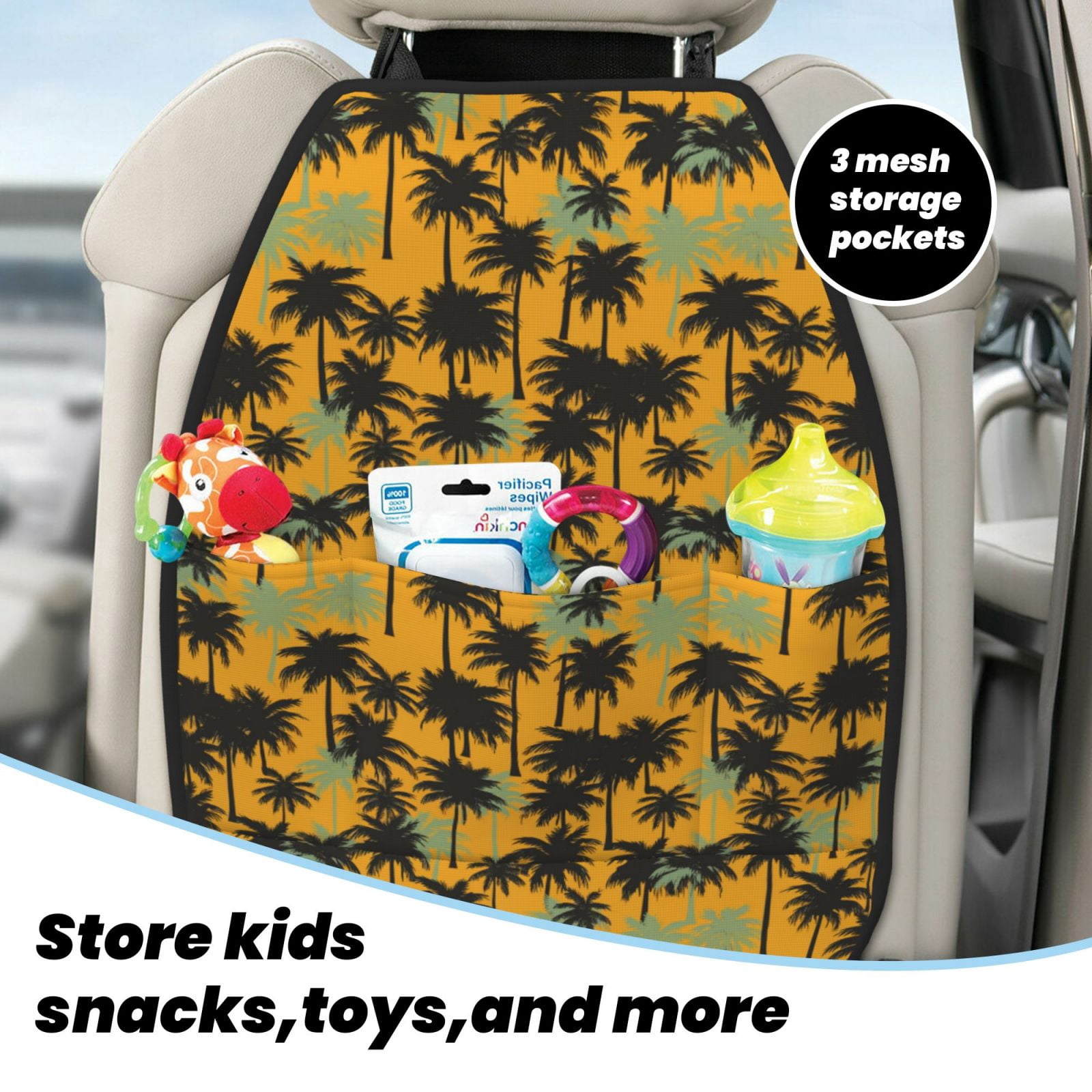 Kdxio Hawaii Palms Print 2 Pack Car Kick Mat Seat Cover Back Protector Mat with Pockets for Organizer Backseat Protector and Storage Anti Kick Pad for Vehicles
