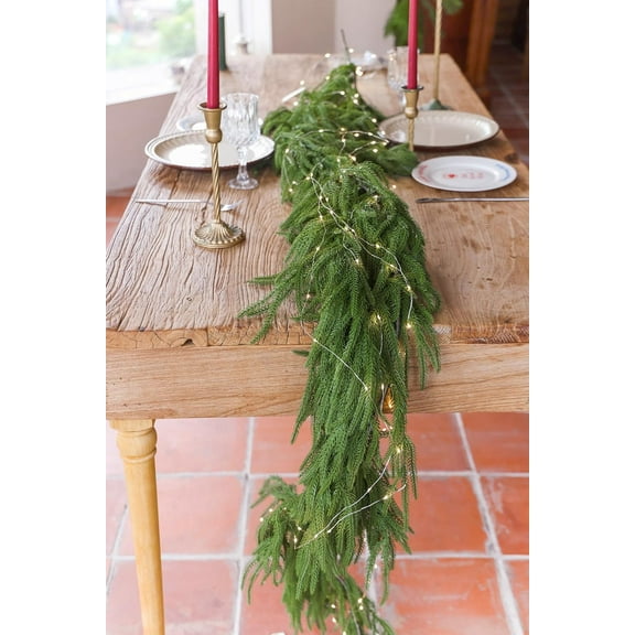 Guvpev 6FT Christmas Garland with String Lights, Real Touch Winter Norfolk Pine Garland, Green Artificial Cryptomeria Greenery Garland for Mantel, Table, Porch, Indoor, Outdoor Christmas Decorations