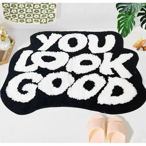 Jinswick You Look Good Bath Mat Black Bathroom Rugs Funny Cute Bath Rugs Non Slip Microfiber Plush Preppy Small Cool Shower Rug Washable Absorbent Floor Mat for Bathtub Sink 16" x 24"