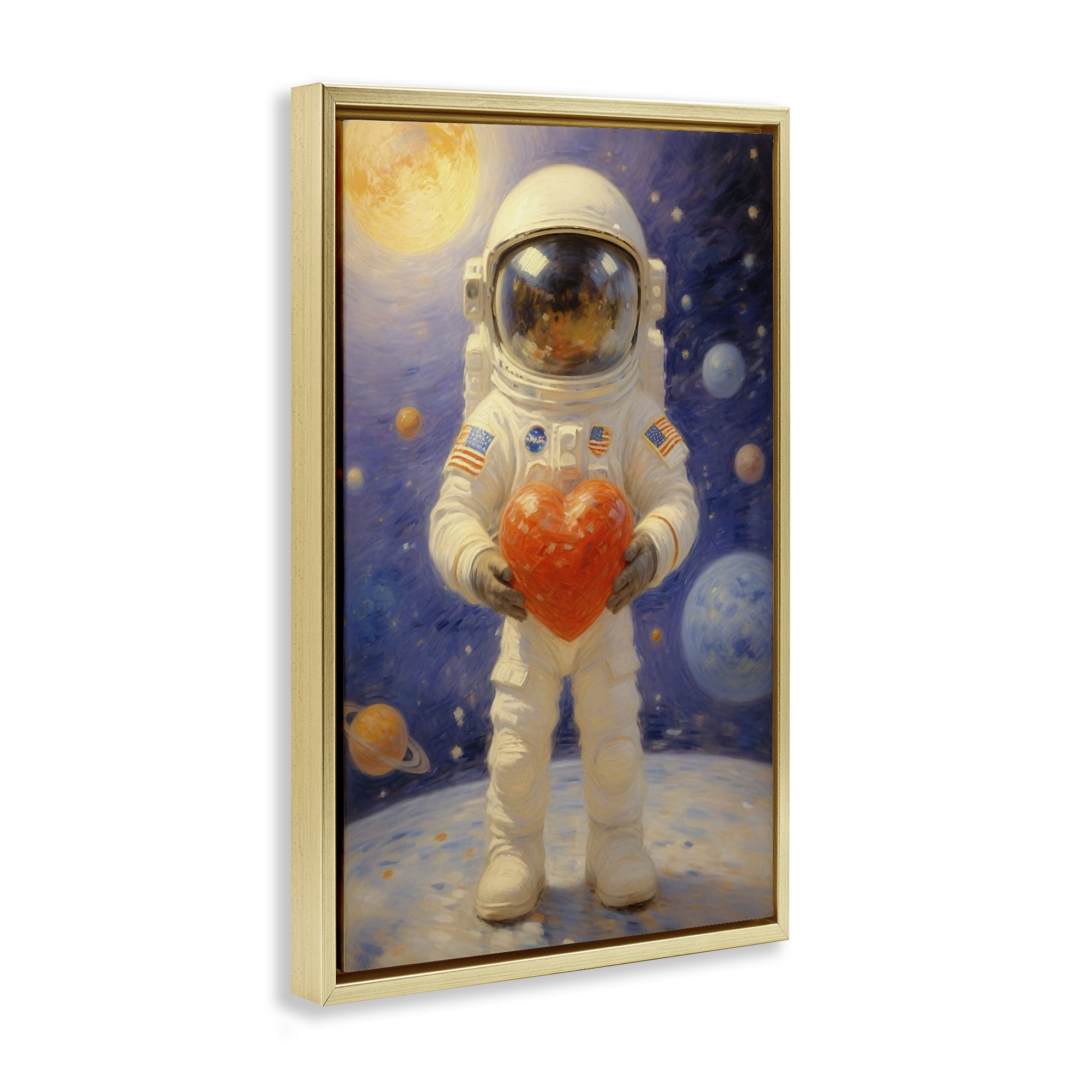 Astronaut Holding Heart Gold Framed Floater Canvas Wall Art, design by Angie Hawke