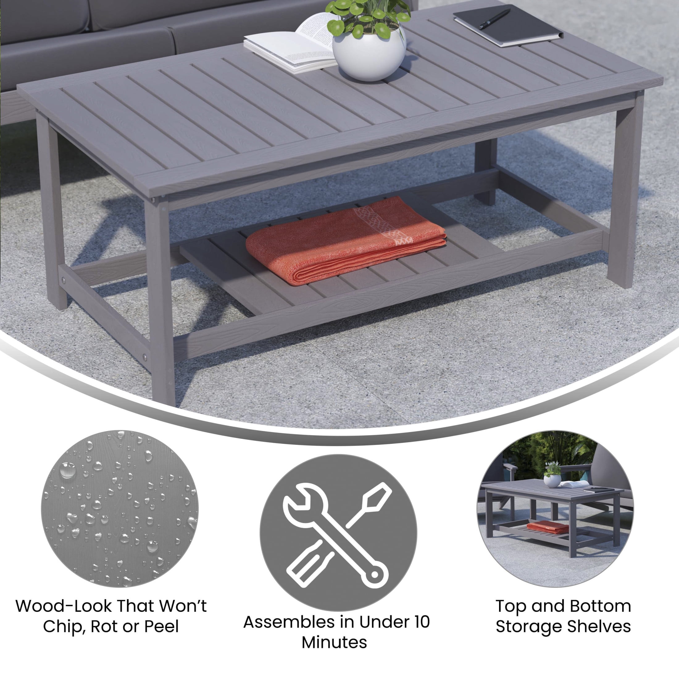 Merrick Lane All-Weather Poly Resin Wood Two Tiered Adirondack Slatted Coffee Conversation Table in Gray