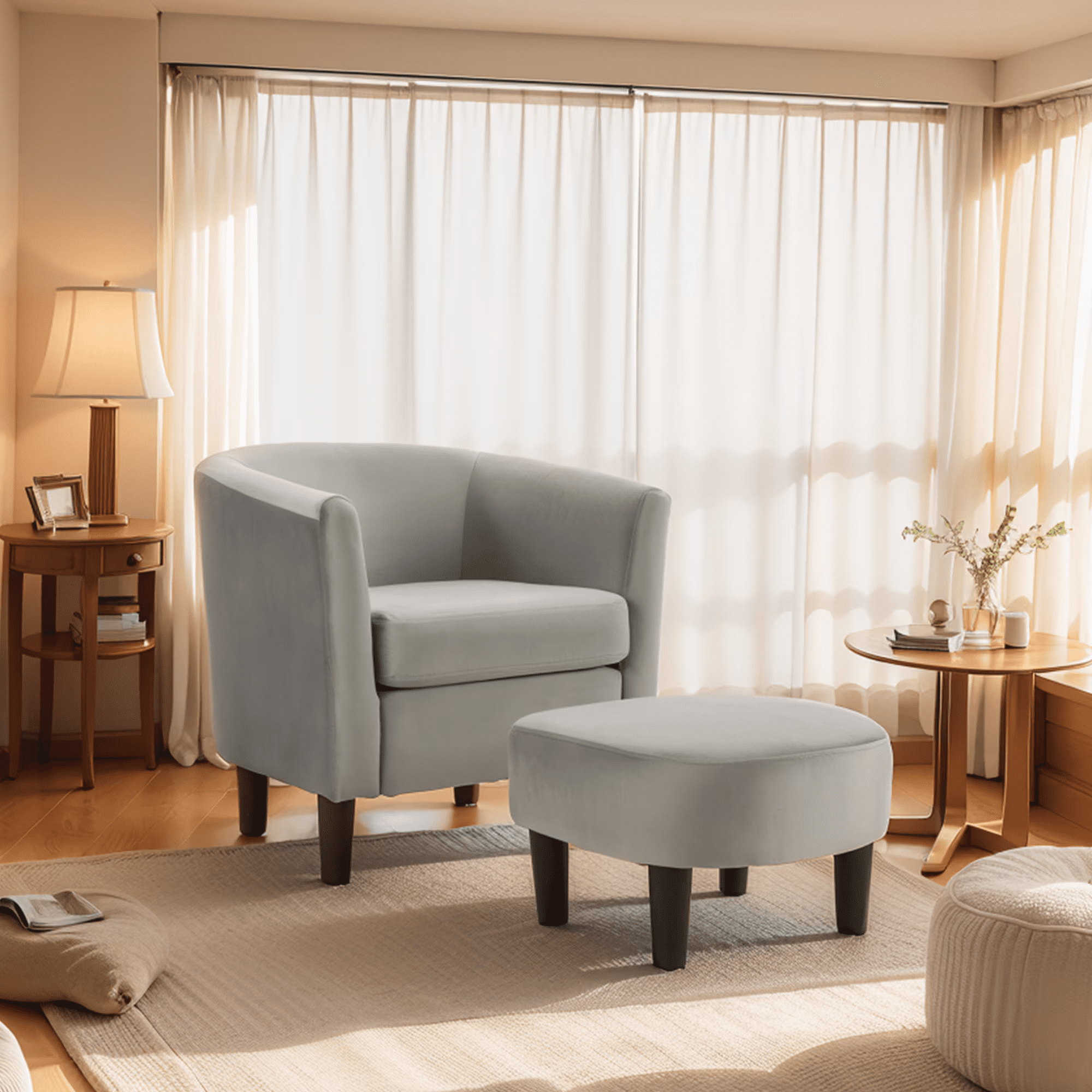 Accent Barrel Chair with Ottoman, Modern Club Chair Comfy Reading Armchair with Footrest for Living Room, Black