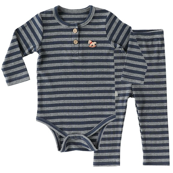 BACKER Baby Sleepers for Boys Girls Soft Cotton 2-Pieces Pajamas for Newborn & Infant Long Sleeve Romper Pants Baby Boys Sleepwear(Navy Stripe,0-3 Months)