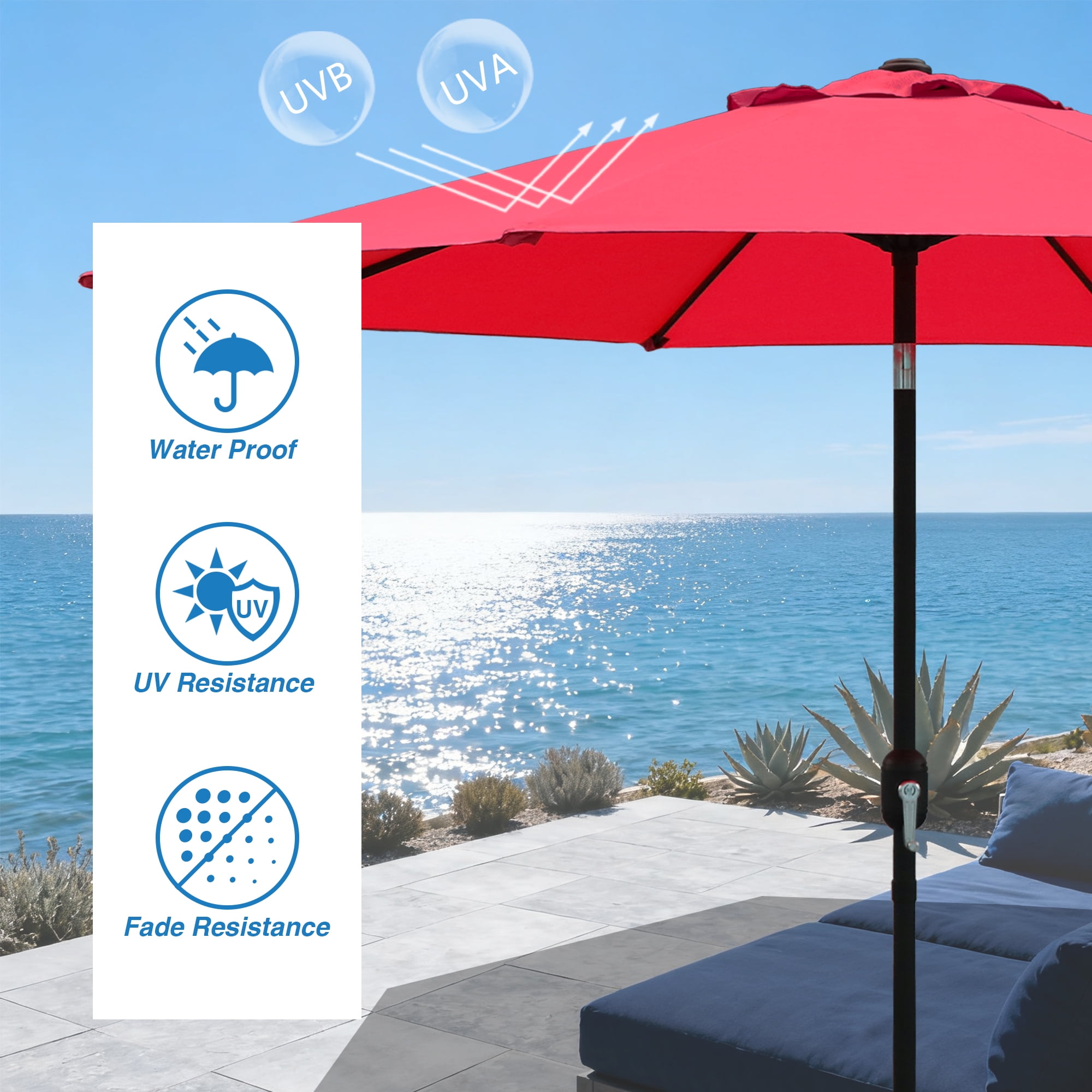 Abble Outdoor 9ft Patio Umbrella with Crank Handle and Push Button Tilt, Outdoor Market Umbrella with 8 Ribs for Garden, Deck, Backyard, Pool, Red
