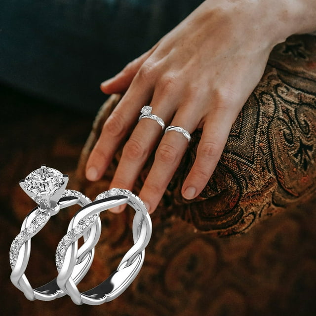 Sentmoon Rings Ring Gifts Bridal Ring Set 2PC Zircon Elegant Engagement Wedding Style Matching Bands
