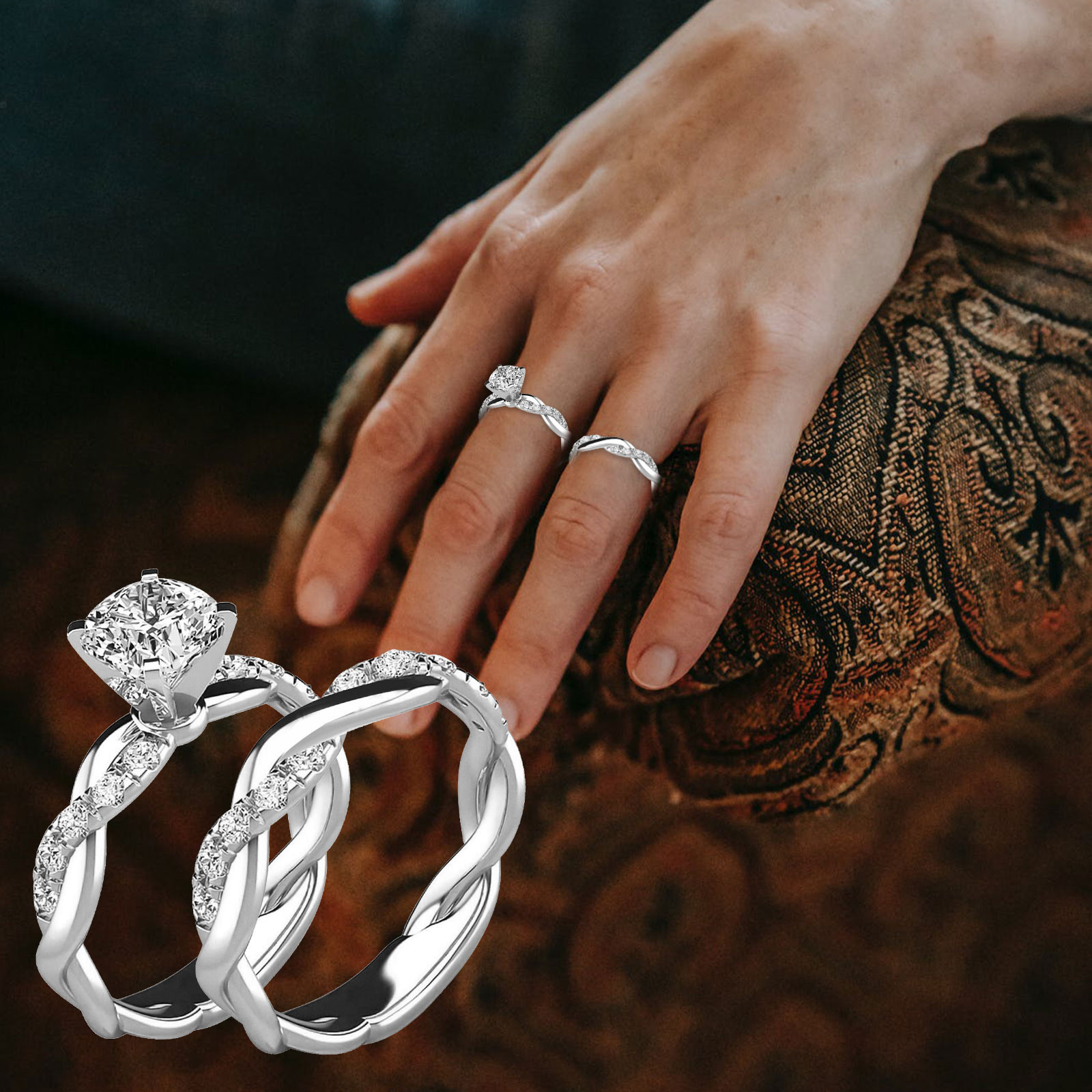 Fridja Alloy Swarovski Zirconia Antique Ring Set 2PC Ring Bridal Zircon Diamond Elegant Engagement Wedding Band Ring Set - image 5 of 8
