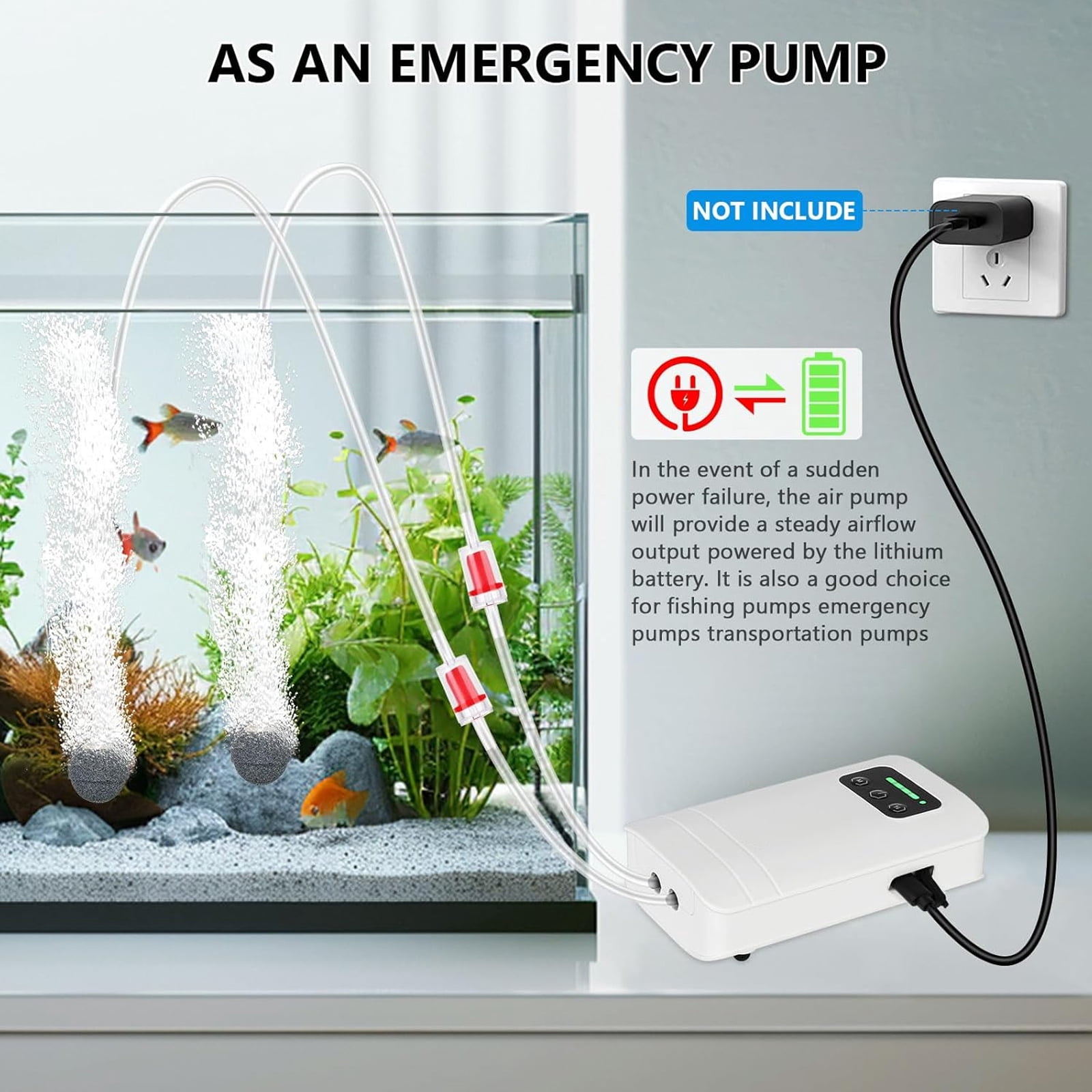 Tawatiler Battery Powered Aquarium Air Pump, USB Rechargeable Aerator Fish Tank Air Pump for 5-125 Gallons Portable Oxygen Pump for Outdoor Fishing, Power Outages and Emergency (4W 80GPH)