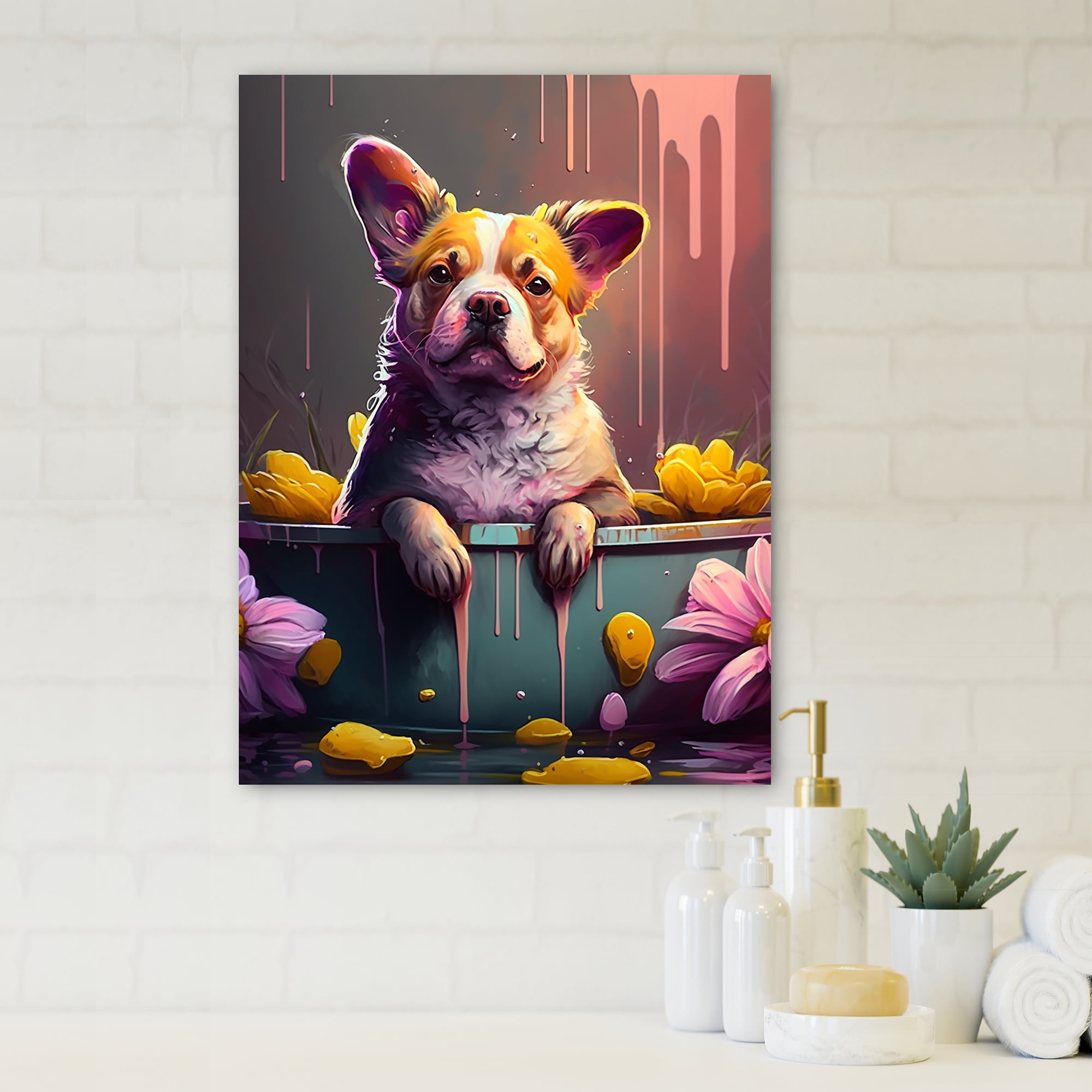 Designart English Bulldog Splashing In The Tub Canvas Wall Art