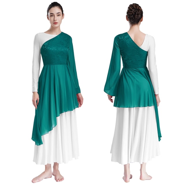TiaoBug Robe Tunique de Danse à une Épaule en Dentelle Florale Patchwork Ourlet Asymétrique Vert P