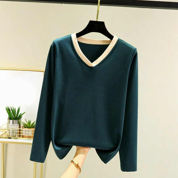 Womens Tops Plus Size Long Sleeve V-neck Solid Color Reversible De Fleece Thickened Warmth Blouses Army Green XXL