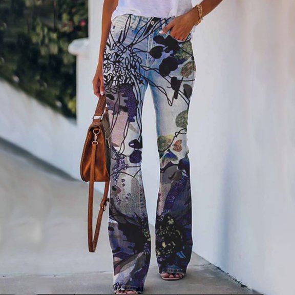 Lilgiuy Womens Elastic Waist Stretch Buttons Printing Thin Stretch Skinny Pants Trousers for Office Work Business