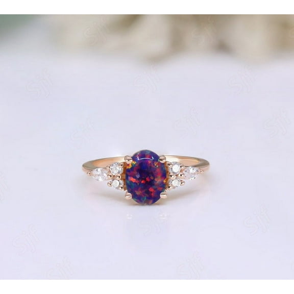Oval Black Opal Gemstone Engagement Ring Vintage Art deco Bridal Moissanite Ring 14K Rose Gold Plated 925 Silver Ring Promise Ring For Love