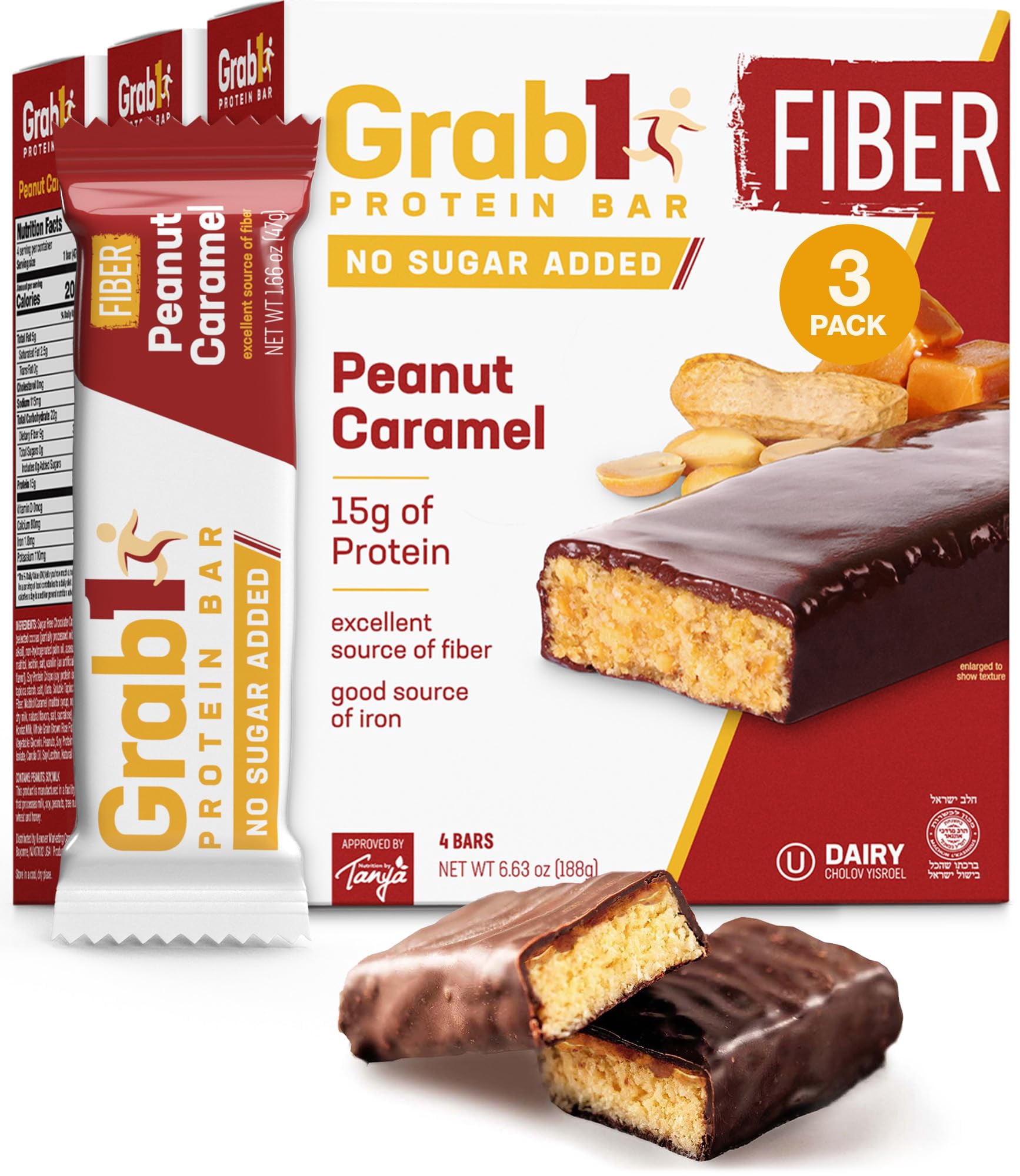 Grab1 Sugar Free Protein Bars, Peanut Caramel (3 Pack- 12 Bars) | Delicious and Nutritious | Low Calorie | Only 2g Sugar