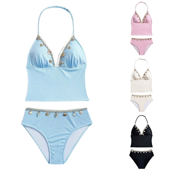 Shadoumai Girls Swimsuits Size 10-12 Rash Guard Bikini Sets for Girls 12-14 Spaghetti Strap Tankini with Shorts 3 Pieces Cute Ruffle Bathing Suit